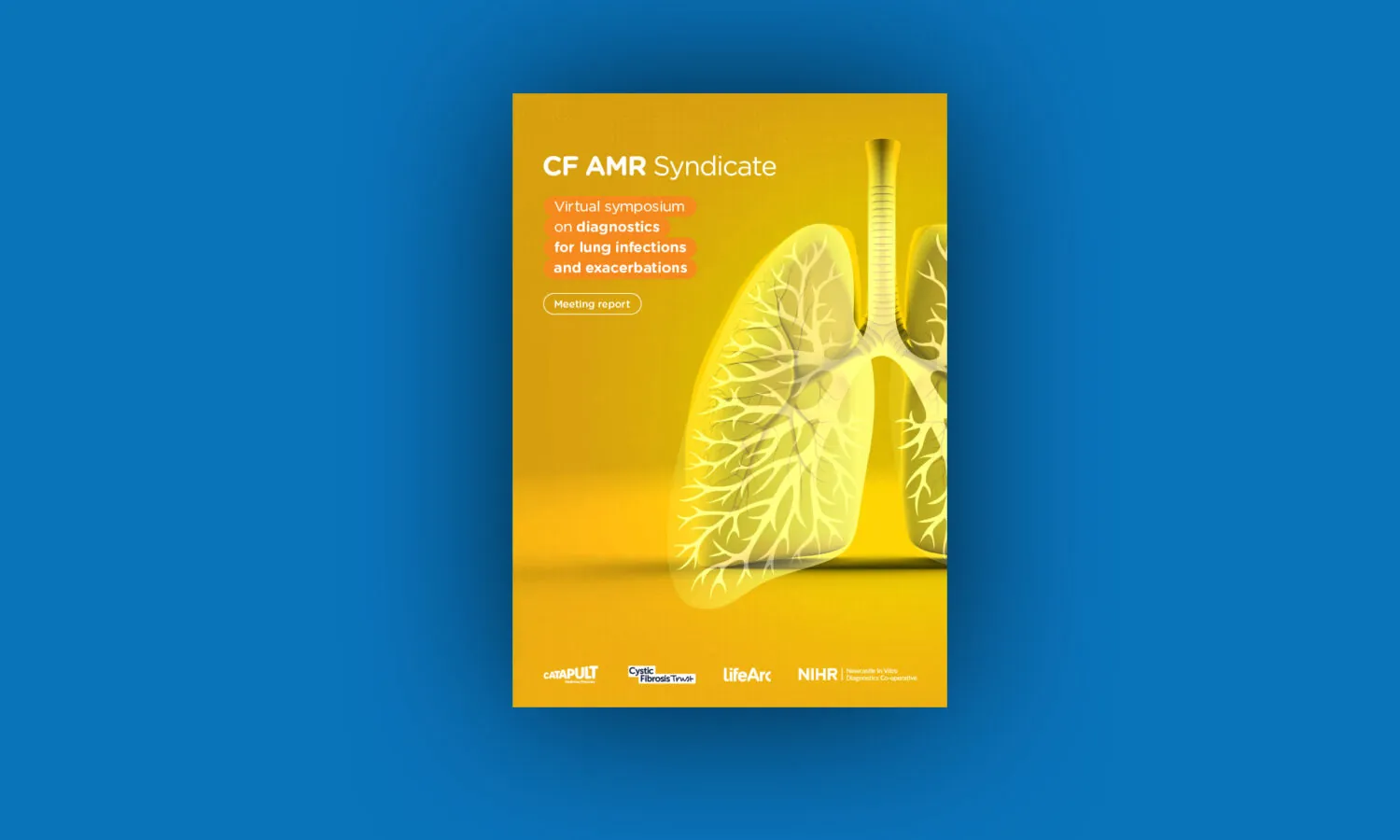 A graphic with a blue rectangle background and the front cover of a document called the Virtual Symposium on Diagnostics for Lung Infections and Exacerbations